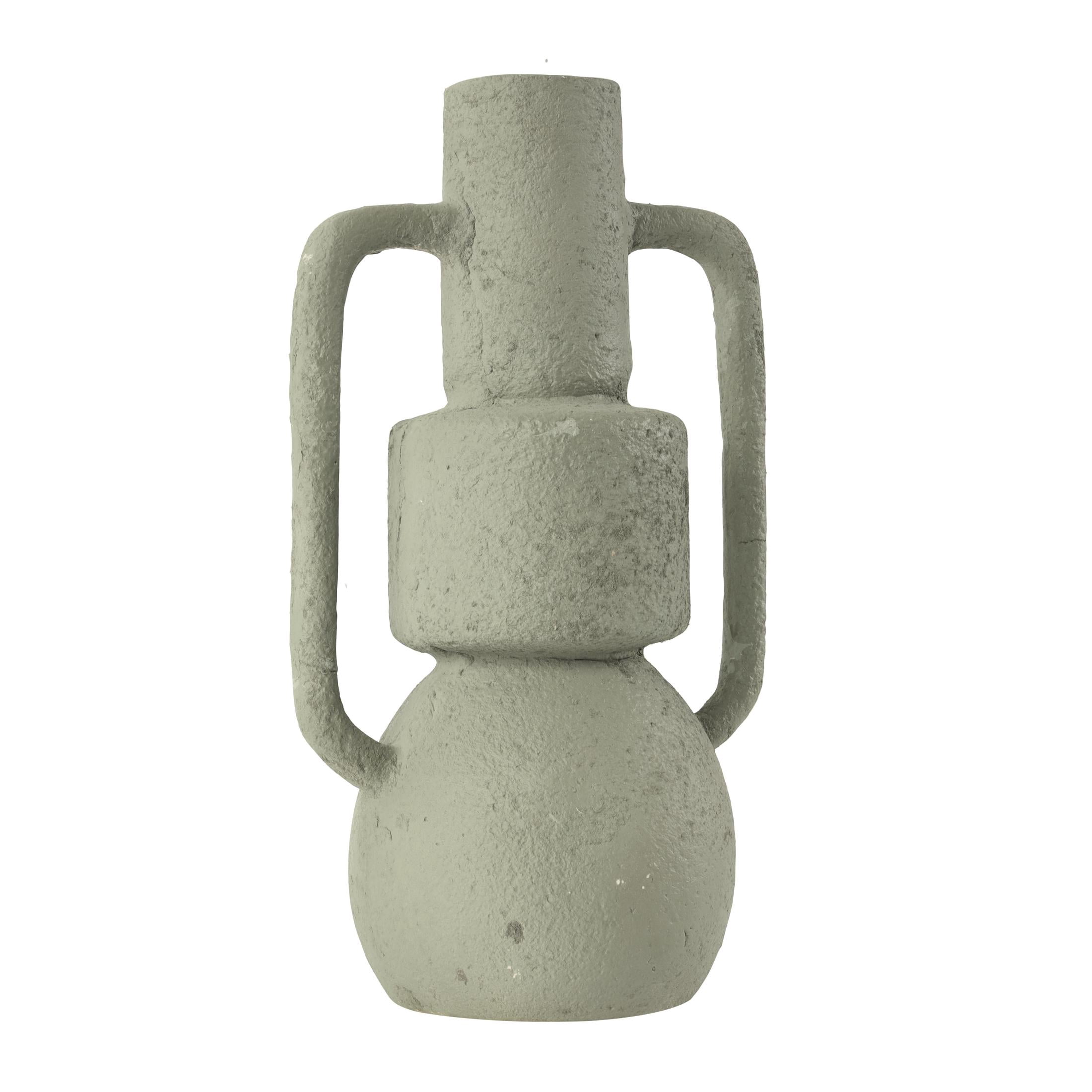 DecMode 16" Abstract Textured Light Gray Paper Mache Vase with Squared Handles