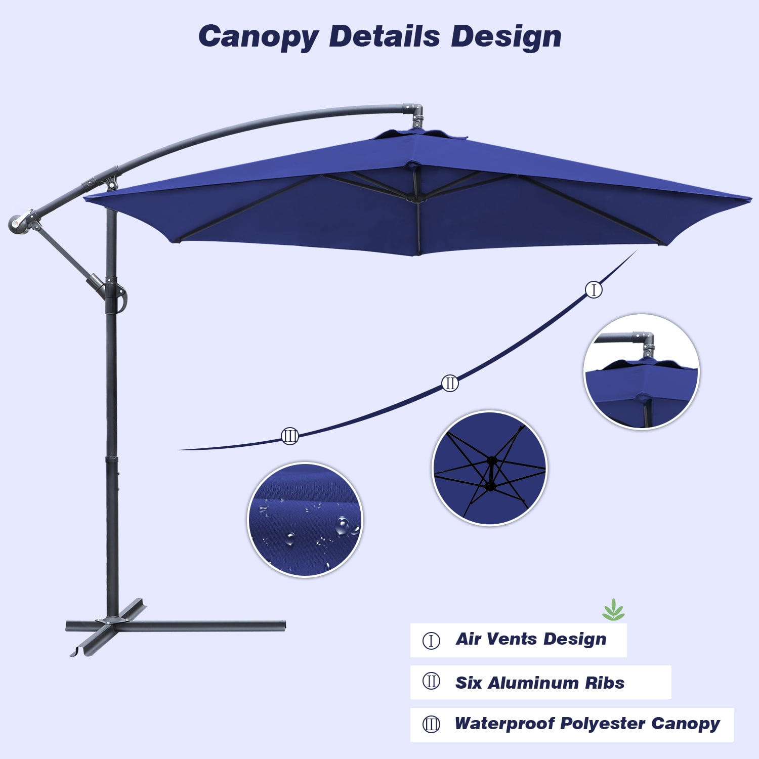 Devoko 10' Patio Offset Cantilever Umbrella Outdoor Market Hanging with Crank & Cross Base Dark Blue