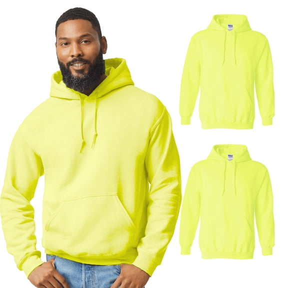 Gildan High Visibility Hooded Sweatshirt for Men | Heavy Blend Hi Vis Safety Green Fleece Pullover Hooded Sweater with Pocket 8 oz 50/50 Cotton/Polyester, Pack 2 Size: L