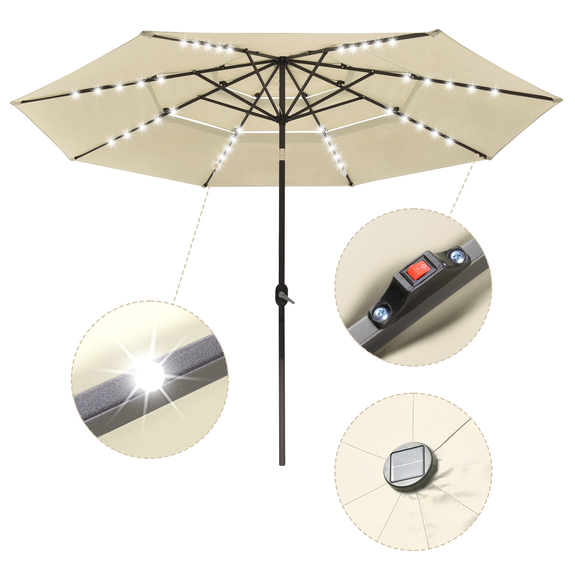 11 Ft 3 Tier Patio Umbrella with Solar Powered LED Crank Tilt