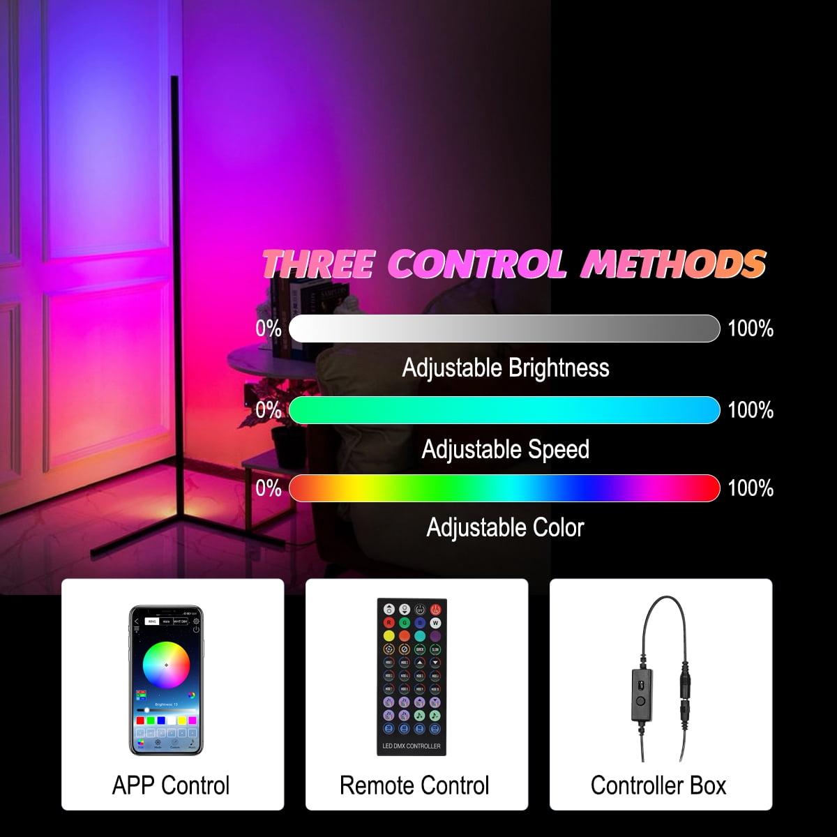 Fisca 62'' Metal RGB Corner Floor Lamps for Living Room and Bedroom, Color Changing LED Lights, APP and Remote Control LED Lamp