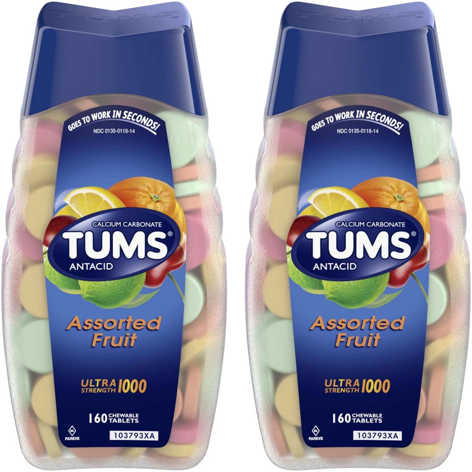 2 Pack Tums Antacid/Calcium Ultra Strength 1000 Assorted Fruit, 160 Tablets Each