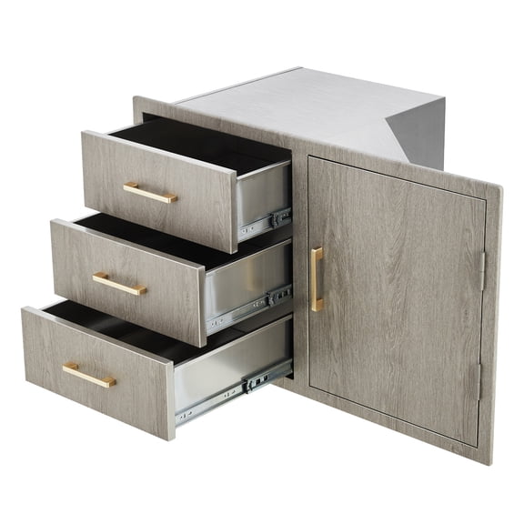Huloretions Outdoor Kitchen Door Drawer Combo,Access Door 3 Drawers,BBQ Island Drawers with Stainless Steel Handles,Weather-Resistant Flush Mount