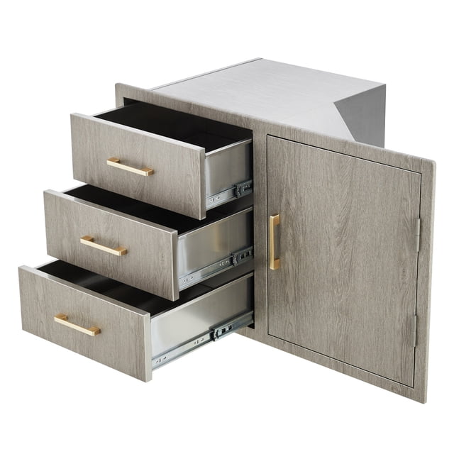 Stainless Steel Outdoor Kitchen Drawer Cabinet – Triple Drawers & Access Door – Weatherproof Flush Mount, Propane Tank Storage, Adjustable Garbage Ring, Modern Wood Grain,38.2" W x 20.5" H x 22.6" D