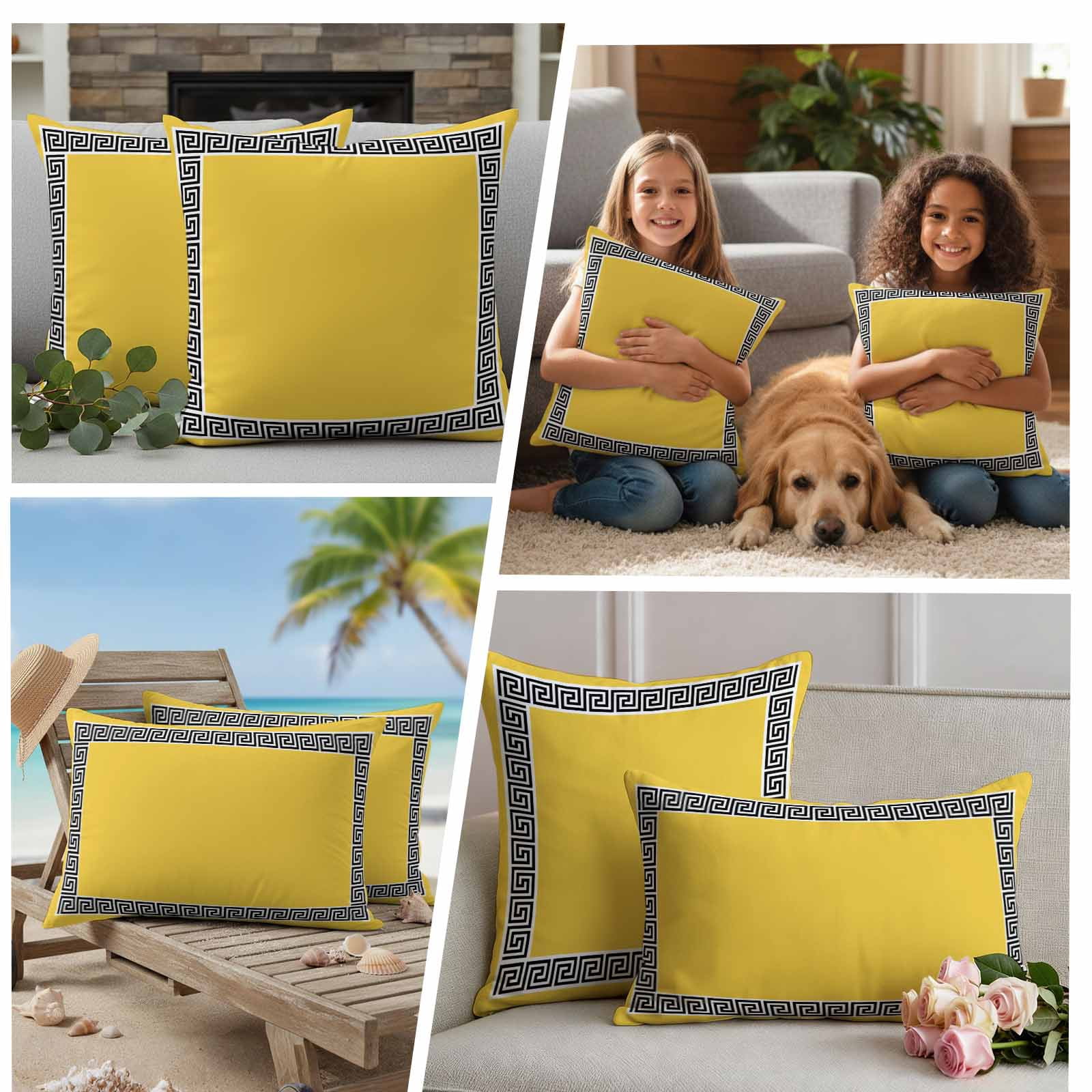 Outdoor Pillow Covers Greek Ethnic Key Texture Waterproof Pillow Cases 18x18 Set of 2, Twist Stripe Line on Yellow Throw Pillow Cover Pillowcase for Patio Balcony Couch Garden