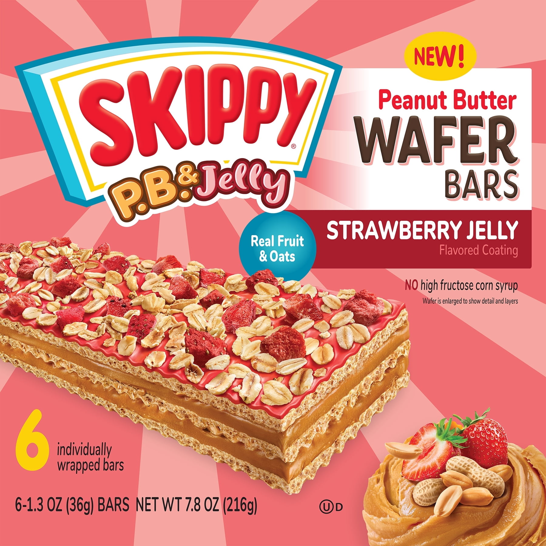 SKIPPY P.B. & Jelly Strawberry Jelly-Coating & Peanut Butter Wafer bars - 6 Individually Wrapped Snack Bars - 1.3 Oz (36g) Per Bar - 3 pack