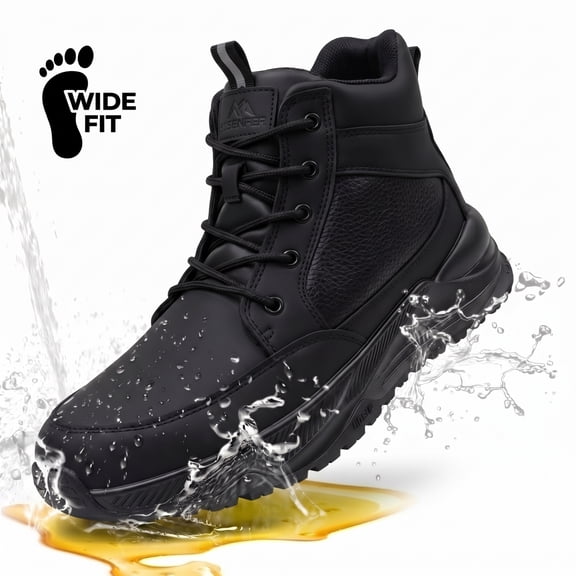 Sosenfer Non Slip Work Shoes for Men,Wide Toe Mens Mid Top Boots,Water Resistant Black Work Shoes,Slip Resistant Leather Kitchen Chef Shoes for Standing All Day