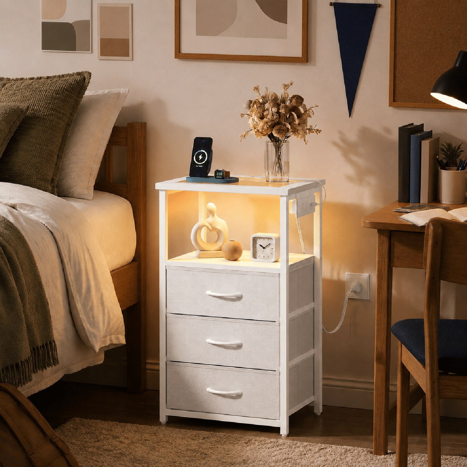 3 Drawer Nightstand with Charging Station, Glass Top Bedside Table with 2 AC Outlets and 2 USB Ports, RGB LED Light, Open Shelf, Fabric Drawers for Bedroom