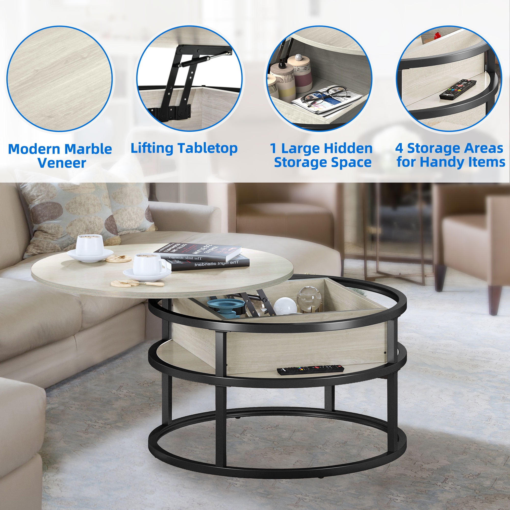 Dextrus Modern Lift Top Round Particle Board Coffee Table, White Oak
