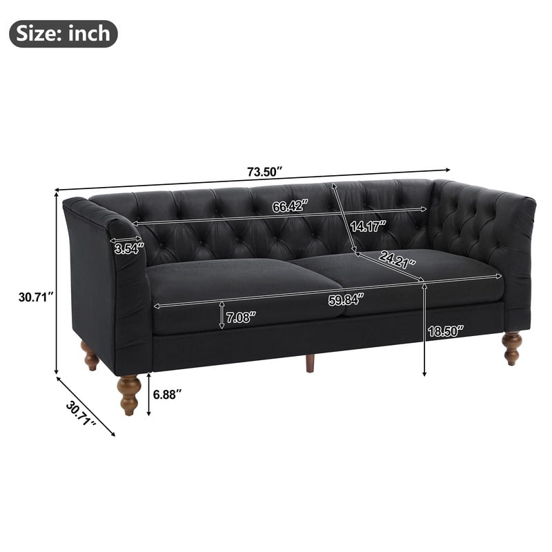 Chesterfield PU Leather 3-Seater Sofa, Upholstered Couch with Flared Arms, Tufted Back & Solid Rubber Wood Legs