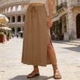 thumbnail image 2 of Wdgfv Linen Straight Maxi Skirt with Side Slit - Elastic Waist Drawstring Long Flowy Ankle-Length Skirt with Pockets, 2 of 7