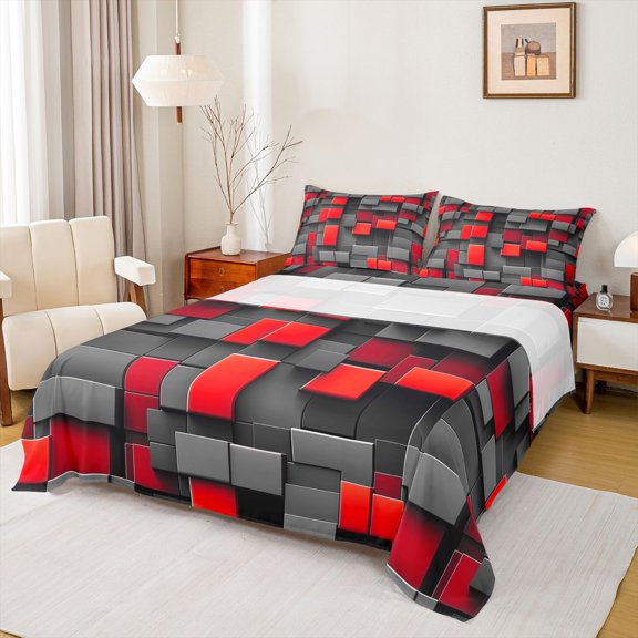 Manfei 3D Geometric Cubes Bed Sheets, Gray Red Checkered Fuul Size Sheets, Black Reversible 4 Pieces1 Flat Sheet 1 Fitted Sheet 2 Pillowcases