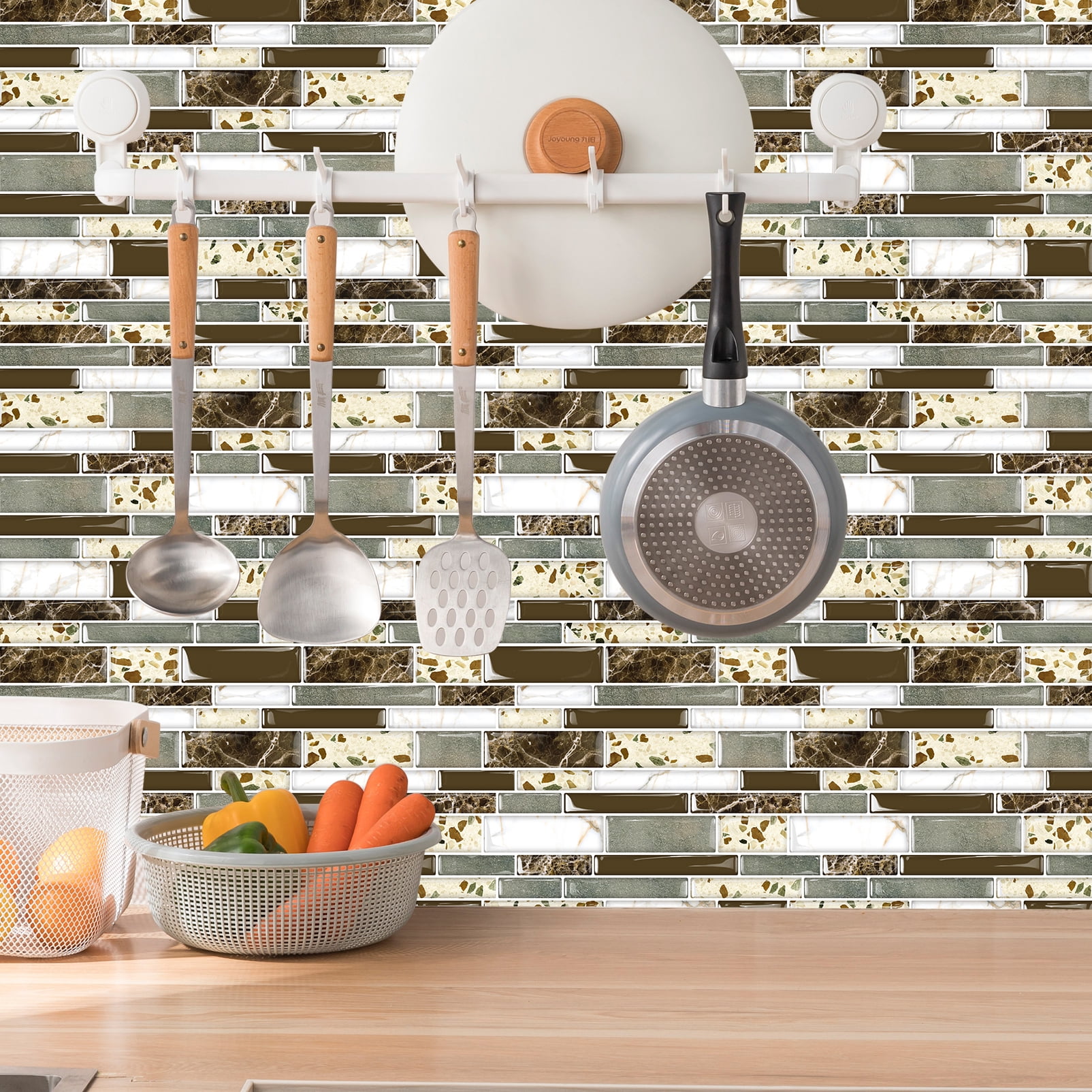 DEWOO Peel and Stick on Self Adhesive Backsplash Wall Marble Tiles Stickers 3D for Kitchen Bathroom,Brown (10-Sheet, 12"×12")