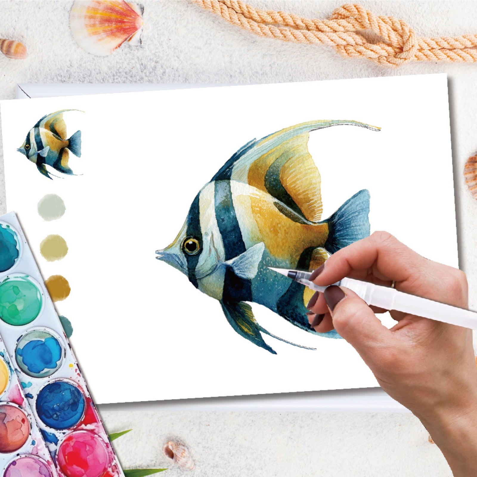 YiJuHui 4pcs Underwater World Watercolor Set with Built-in Pigments, Creative Art Kit, Non-Toxic Washable, Ocean Life Theme, Portable Travel Activity