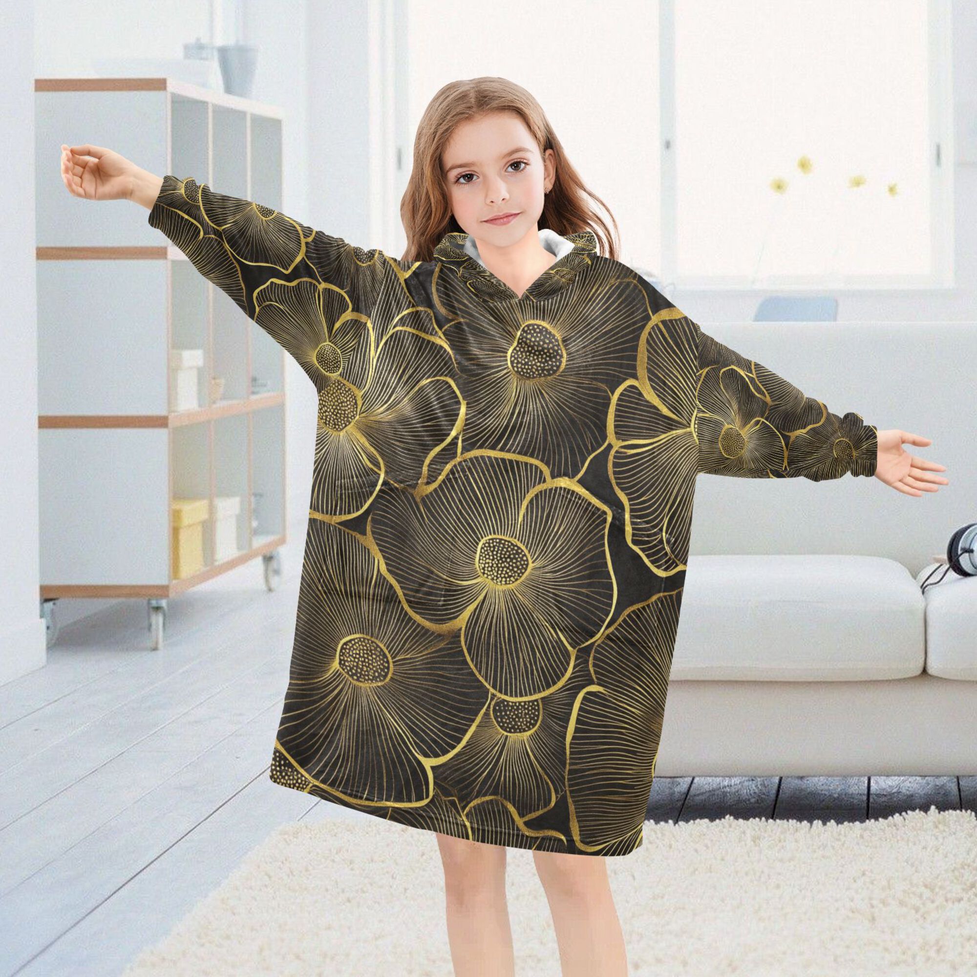 FORMRS Wearable Blanket Hoodie with Sleeves for Kids Cozy Flannel Sweatshirt, Black Flower Pattern