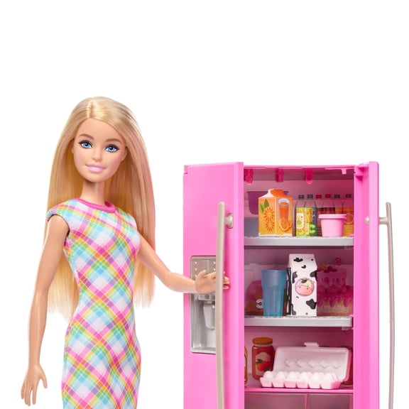 Barbie Doll & Kitchen Playset with Refrigerator & 10 Accessories Including Food Pieces, Plus Sticker Sheet