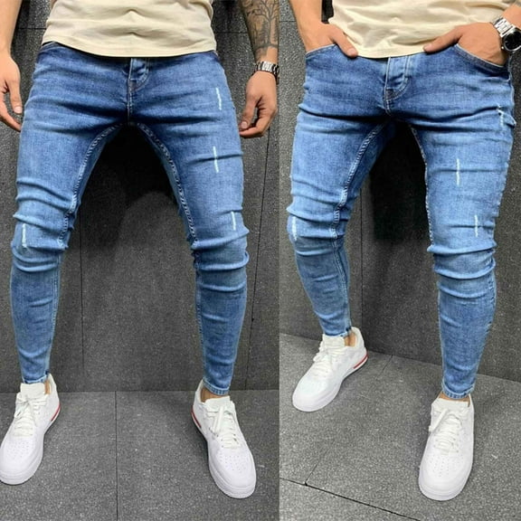 Jacenvly Men'S Pants Long Skinny Pants Mid Waisted Ripped Hole Pocket Plain Trousers for Men Hole Vintage Wash Hip Hop Work Trousers Pants