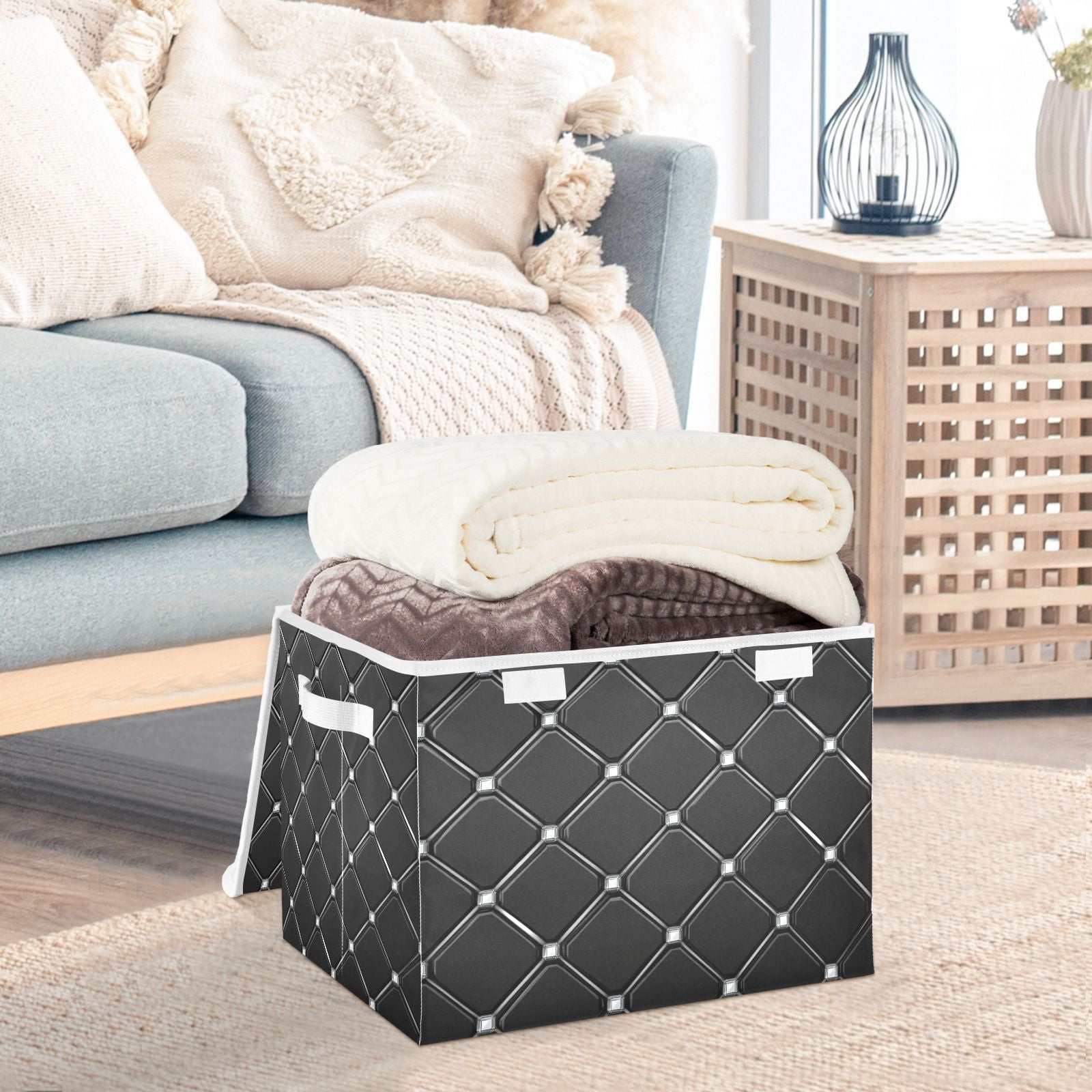 Black Cubes Storage Basket for Shelves Foldable Container Organizer for Organizing Toys Clothes Books with Handles