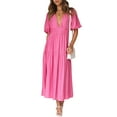 thumbnail image 3 of xiaxaixu Robe Maxi Décontractée d'Été pour Femmes Couleur Unie Manches Courtes Col en V Plissé Robe Longue de Plage, 3 of 9