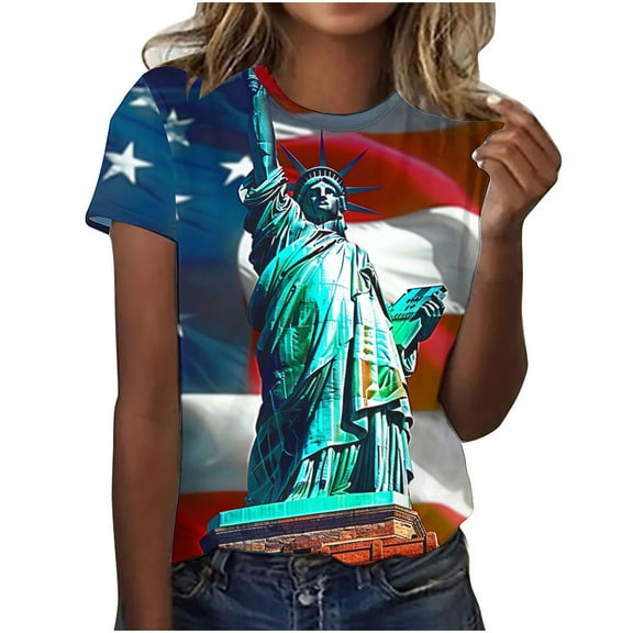 GERsome 4th of July Crewneck T-Shirt for Women American Flag Patriotic Short Sleeve Tops USA Flag Stars Stripes Casual Summer Tee S-2XL