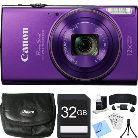 Canon PowerShot ELPH 360 HS Purple Digital Camera 32GB Card Bundle includes Camera, 32GB Memory Card, Reader, Wallet, Case, Mini Tripod, Screen Protectors, Cleaning Kit and Beach Camera