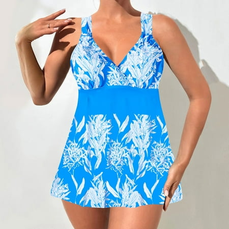 Xixinqiwan Tankini Swimsuit for Women Floral Two Piece Bathing Suit Swimwear Pleated Tank Top Swimwear with Boyshorts Blue 2XL