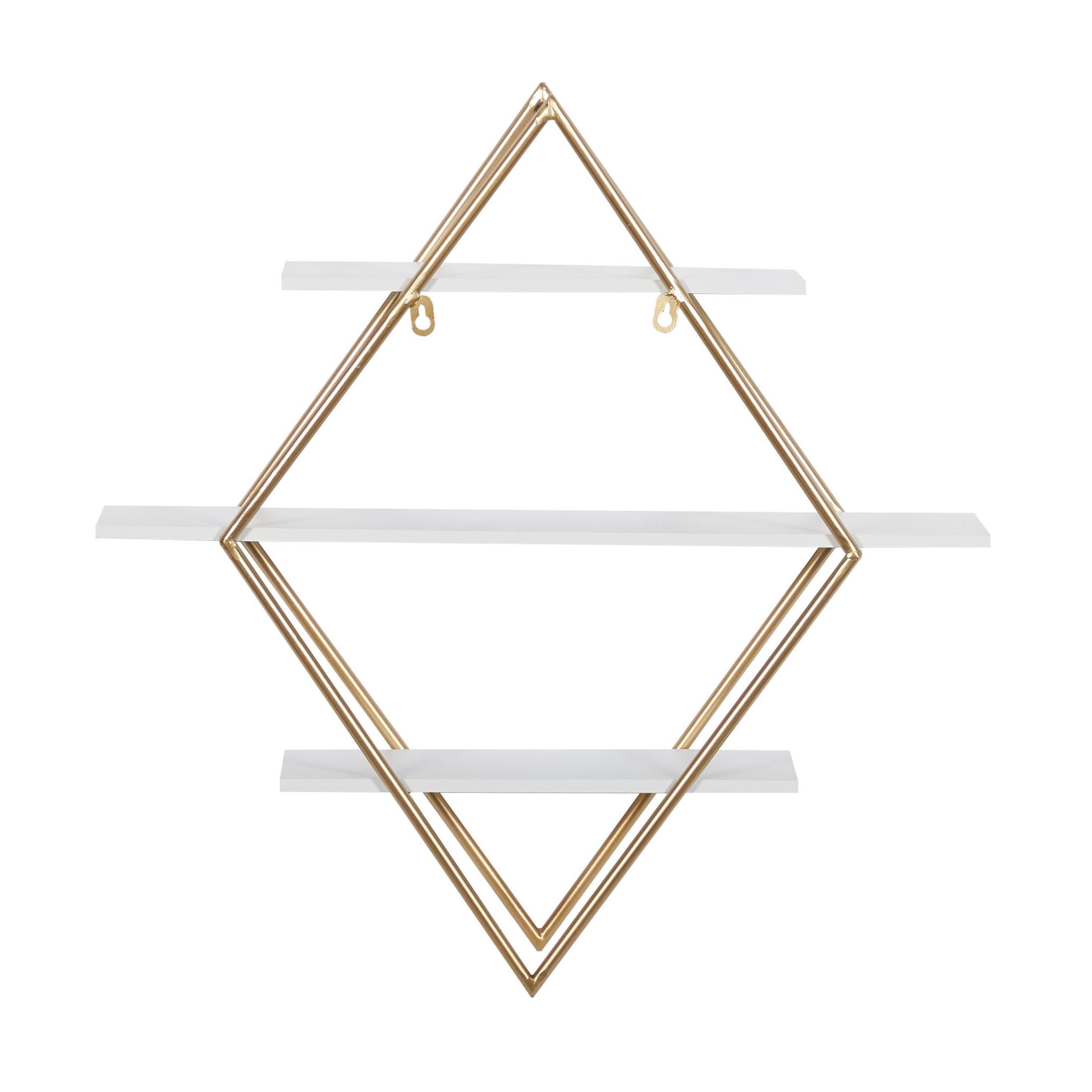 DecMode 20" x 6" 3-Tier Gold Geometric Wall Shelf with Diamond Shape
