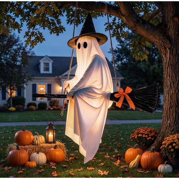 Light-Up Flying Witch Ghost on Broomstick, Spooky Cute Hanging Halloween Decor for Outdoor Lawn, Patio & Front Porch Yard Tree