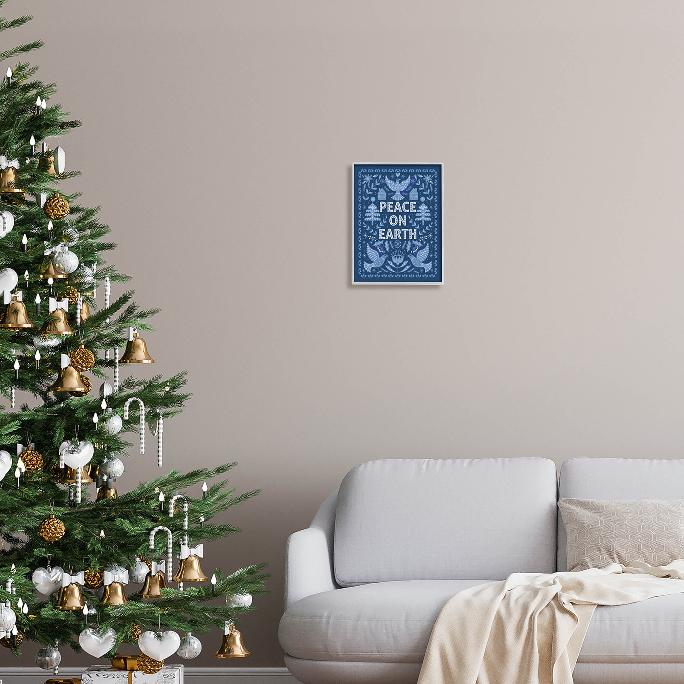 Peace On Earth Blue Doves Holiday Graphic Art Gray Framed Art Print Wall Art