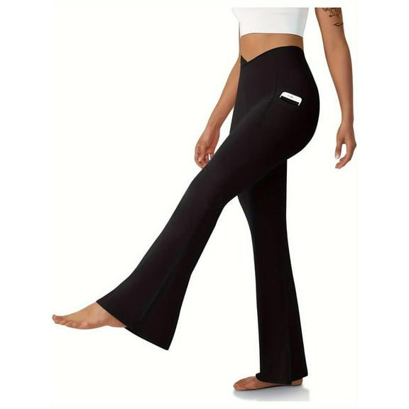 Women's High-Waisted Flared Yoga Pants with Pockets, Stretch Abdominal Control Boots Dance Slimming Workout
