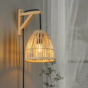 Modern Plug in Cord Bamboo Wall Light Fixture - Rattan Lampshade Chandelier Hanging Wall Mounted Lamp, Indoor Wood Basket Wicker Wall Sconces for Kitchen Island Living Room