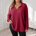 thumbnail image 4 of zaveiop Women Plus Size Casual Knit Sweater Lapel V Neck Solid Color Tops Lightweight Long Sleeve Blouses (Wine, 3XL), 4 of 8