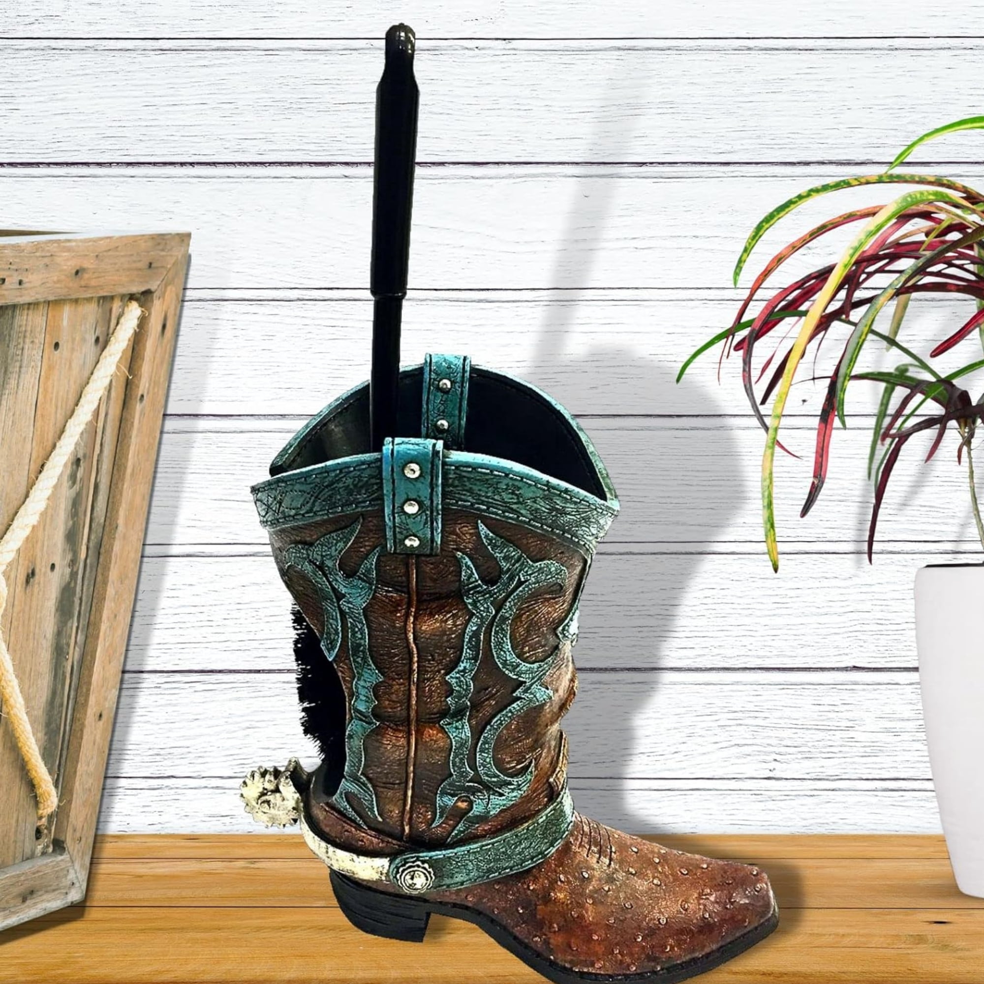 Decorative Western Cowboy Boot Spur Decor Toilet Bowl Cleaner Brush & Holder Set