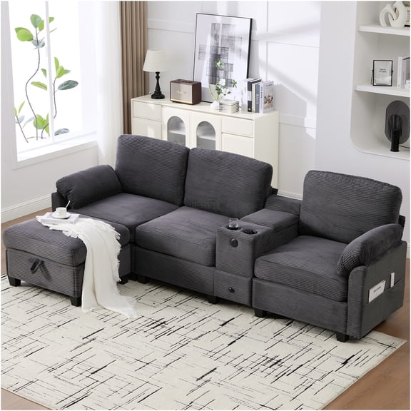 JERFIT Modern 4-Seater L-Shaped Corduroy Sectional Sofa with Storage Ottoman, Movable Console, Cup Holders, USB & Type-C Charging for Living Room, Dark Gray