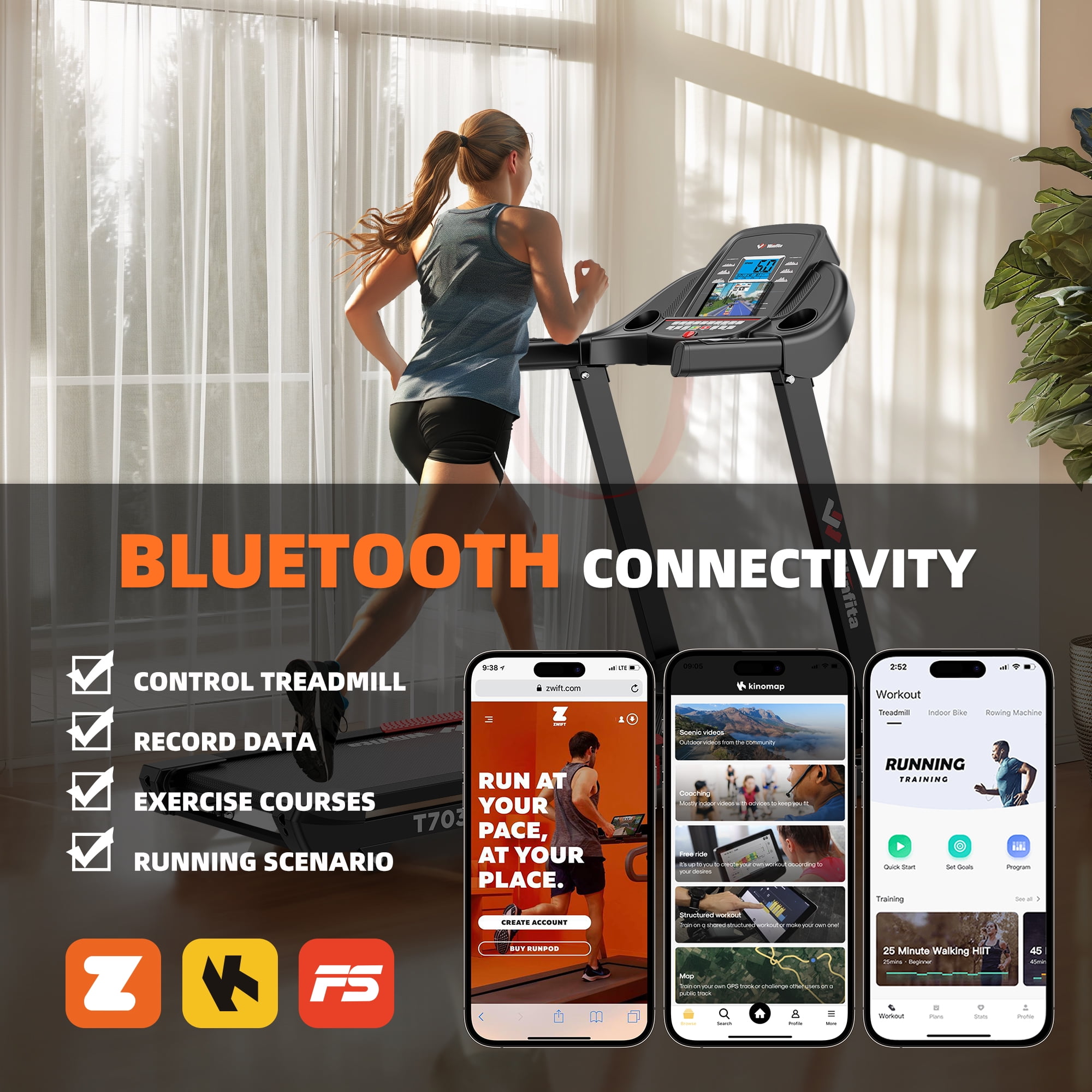 Winfita Treadmill with Auto Incline, Foldable Running Machine, 10 MPH Walking Pad Treadmill with Bluetooth/APP Control, 300 lbs Capacity