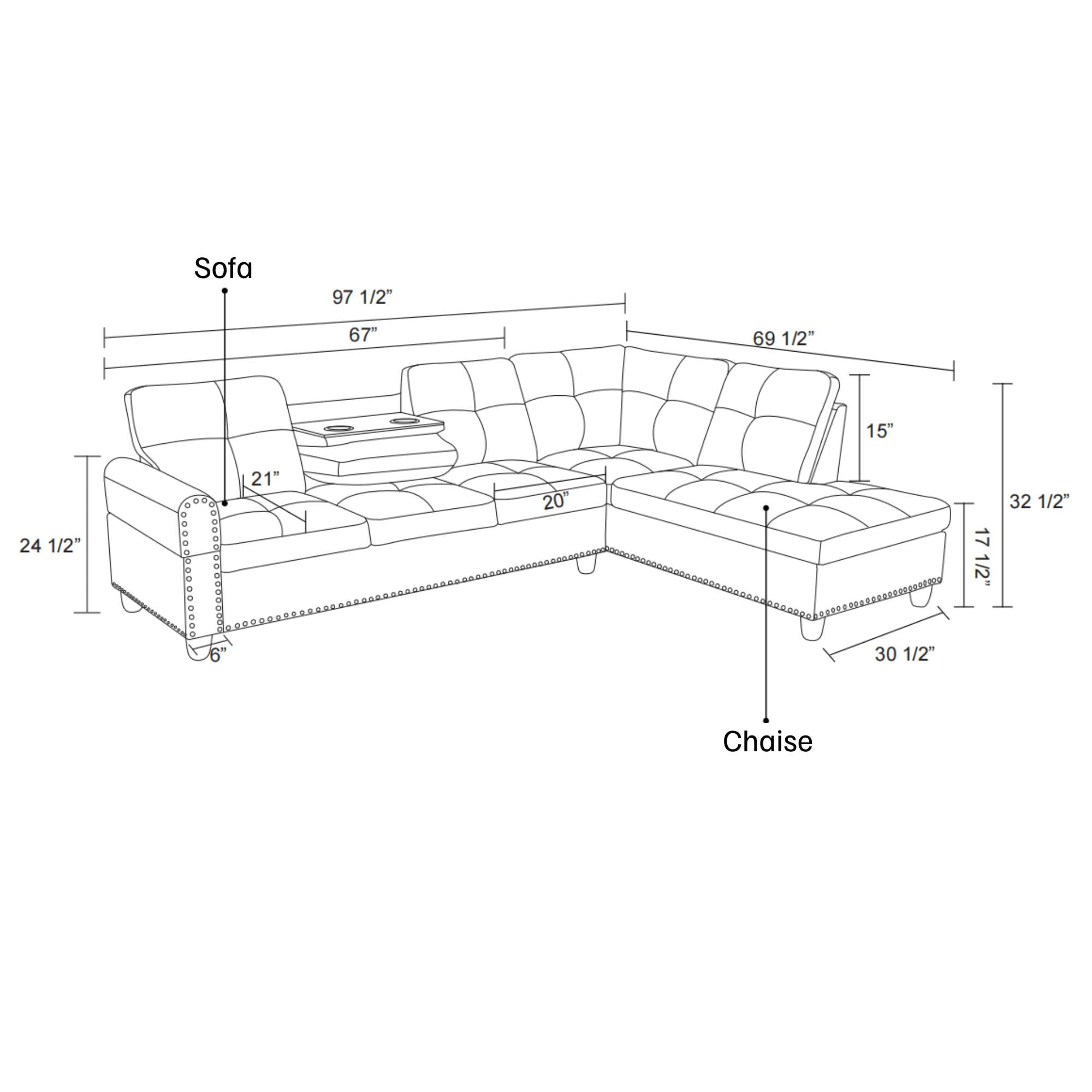 L Shaped Sectional Couches, Modular Fabric Corner Sofa with Cup Holder Lounge Sofa with Right Chaise for Living Room, Brown