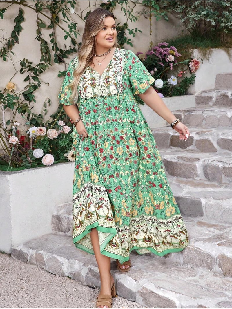 loose bohemian dress Green Plus Size Floral V-Neck Maxi For Summer Beach Holiday Party beach days maxi sun dresses Bardot Remy Mini Dress Style:Pocketless