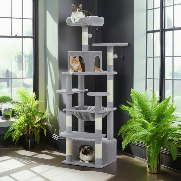 Pefilos 64" Modern Cat Tree Tower for Indoor Cats, Cat Condo with Sisal Scratching Post, Hammock and Top Perch, Gray