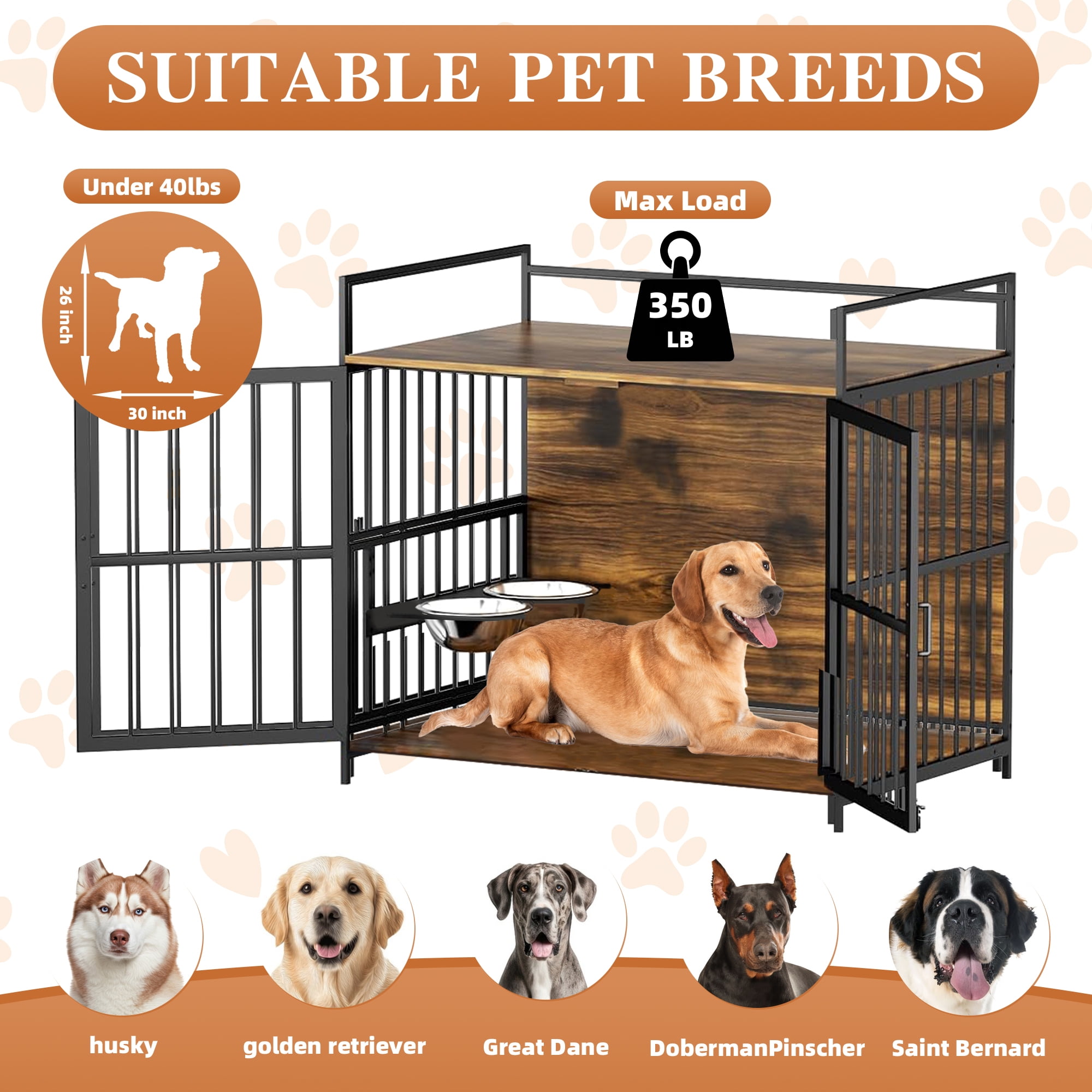 Nygira 41 Inch Dog Crate Furniture with 360° Rotatable Bowls, Wooden Kennel with Double Doors for Large Dogs, Indoor Pet House End Table, Rustic Brown