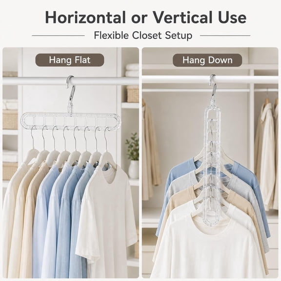 6-Pack 9-Hole Heavy Duty Clothes Hanger Organizer, Clear Space-Saving Closet Hanger with Rotating Hook for T-Shirts, Tank Tops, Scarves & Wardrobe