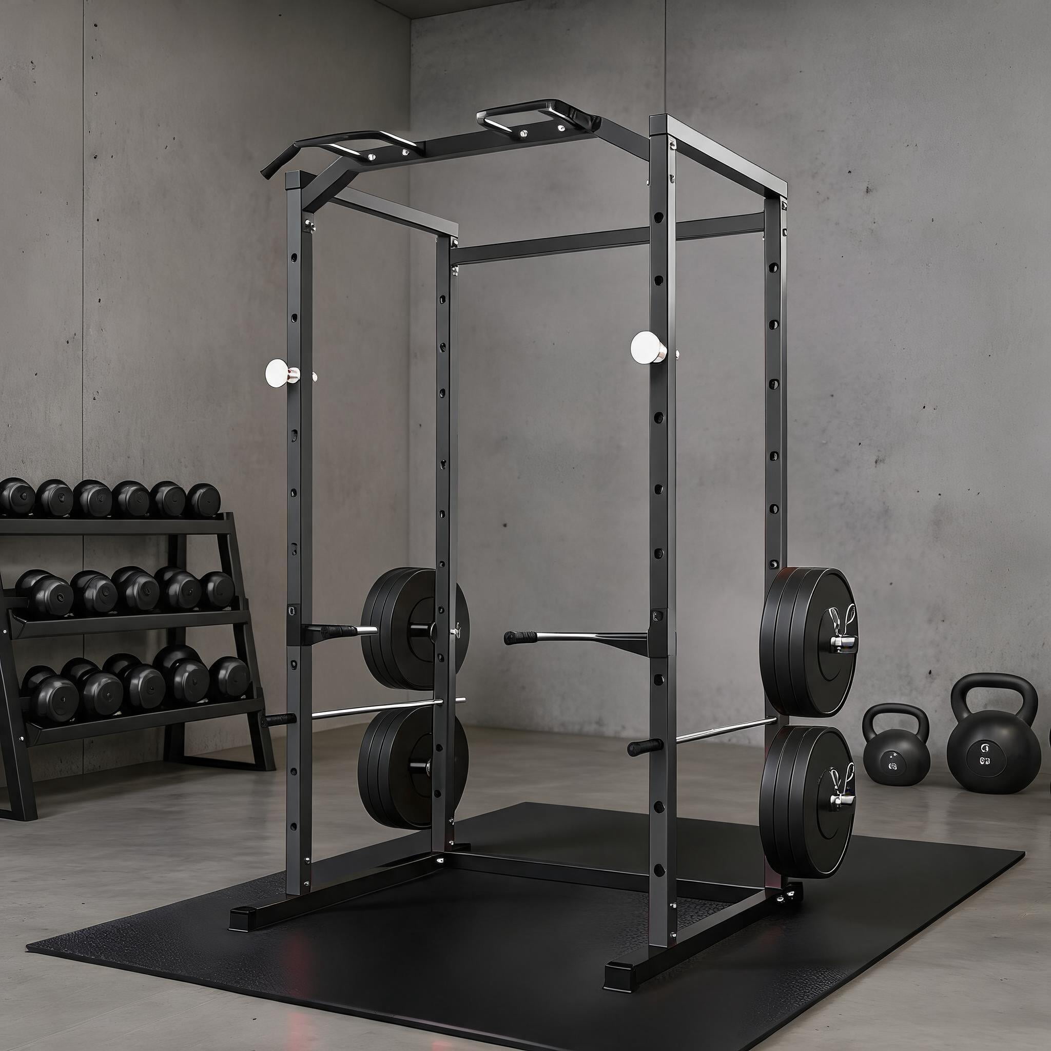 1100LB Heavy Duty Power Cage Squat Rack for Home Gym – Multi-Function Strength Training Rack with Pull-Up Bar, Dip Bars, J-Hooks, Adjustable Safety Spotters, Bench Press Support – Color: All Black