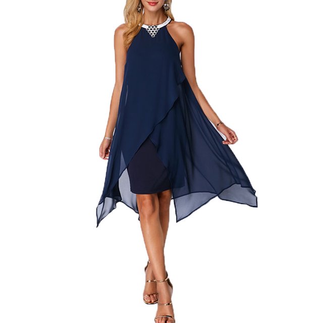 Robe en Chiffon Sans Manches à Double Couche Longueur Genou pour Femmes