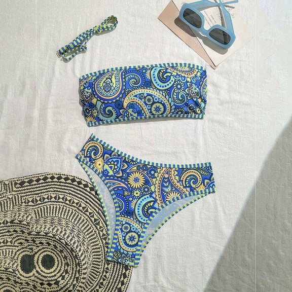 Women Strapless Textured Bandeau Bikini 2 Piece Swimwear Solid Lace Up Bathing Suits