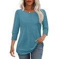 thumbnail image 6 of Huhudde Women Casual 3/4 Puff Sleeve with Buttons T-Shirt Round Neck Tunics Top Solid Color Printed Curved Bottom Loose Blouse, 6 of 21