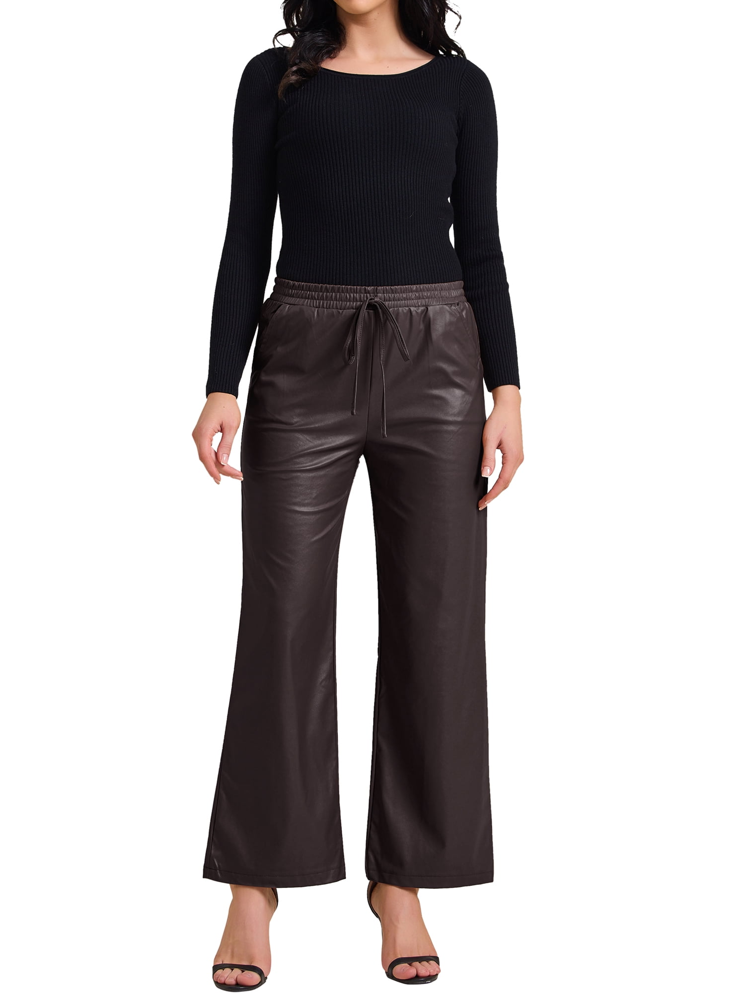 INSPIRE CHIC Women's Faux Leather Pants High Waist Straight Leg Pant Trousers with Pockets Party Outfit L Coffee