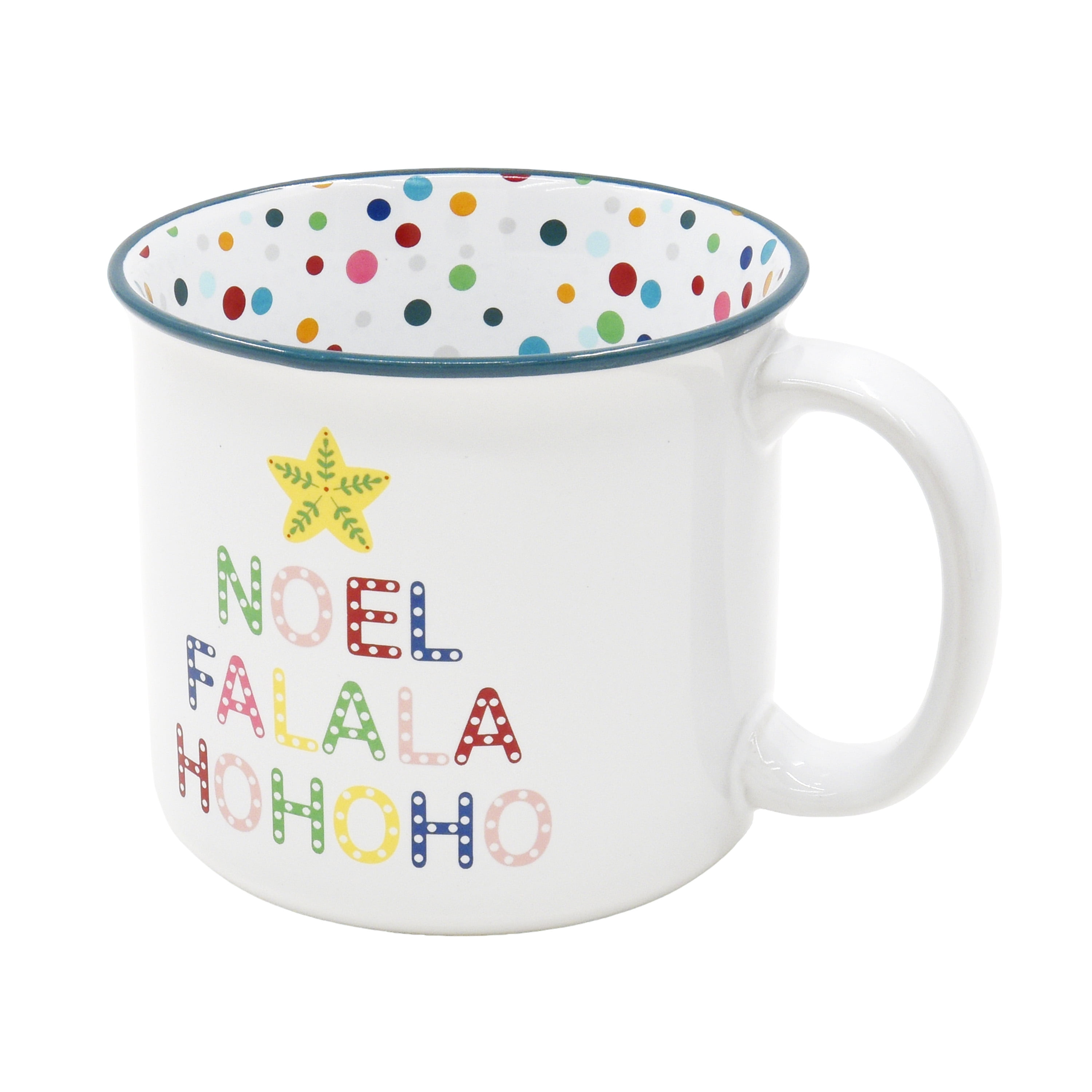 Tasse festive en grès Holiday Time de 15 onces avec inscription « NOEL FALALA HOHOHO » et bord bleu À Pois