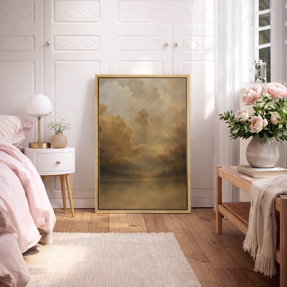 Framed Canvas Print Vintage Cloud Landscape Wall Art Neutral Vintage Decorative for Living Room Bedroom - 16"x24" NATURAL