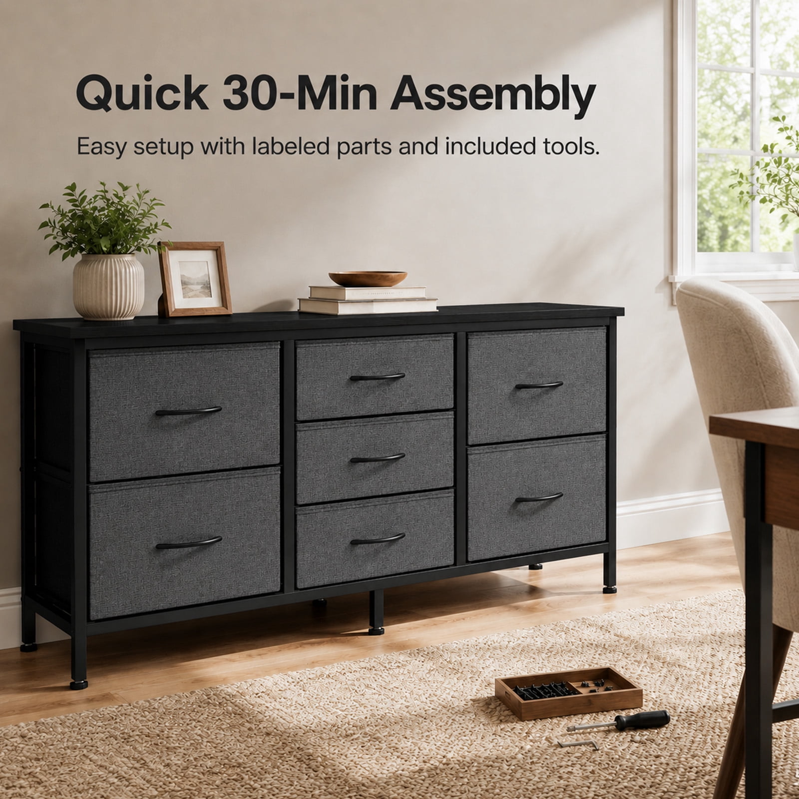 Alvantor 7 Drawer Fabric Dresser, Clothes Organizer Storage Tower for Bedroom, Chest of Drawers with Wooden Top, Metal Frame for Bedroom TV Stand