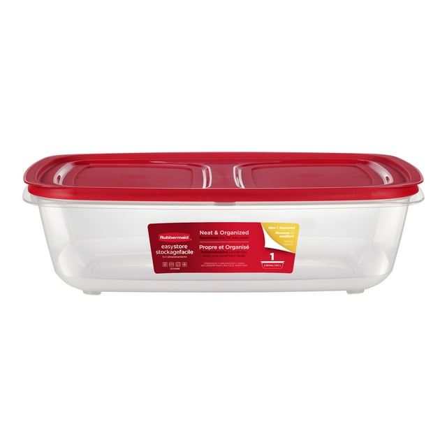 Rectangular Rubbermaid EasyStore 41.5-cup food storage container with secure red lid and product label highlighting easy open feature.