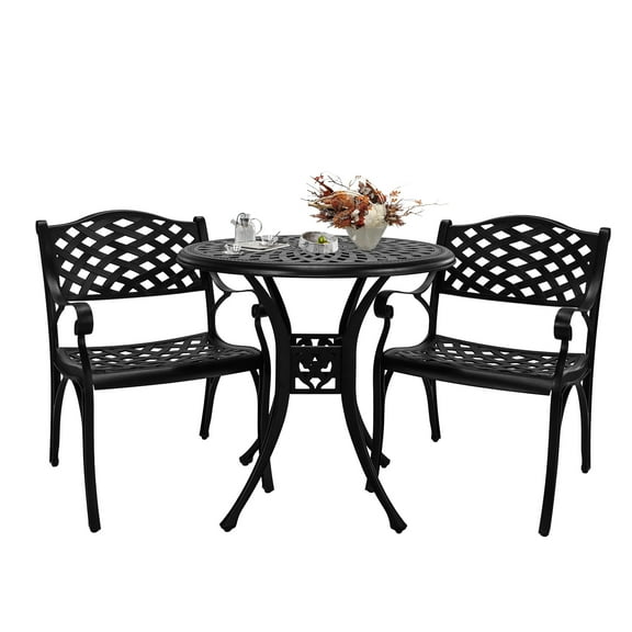 Cast Aluminum Patio Bistro Sets Outdoor Bistro Table and Chair Set of 2 with Umbrella Hole,3 Piece Patio Set All Weather Bistro Table Set for Garden,Black